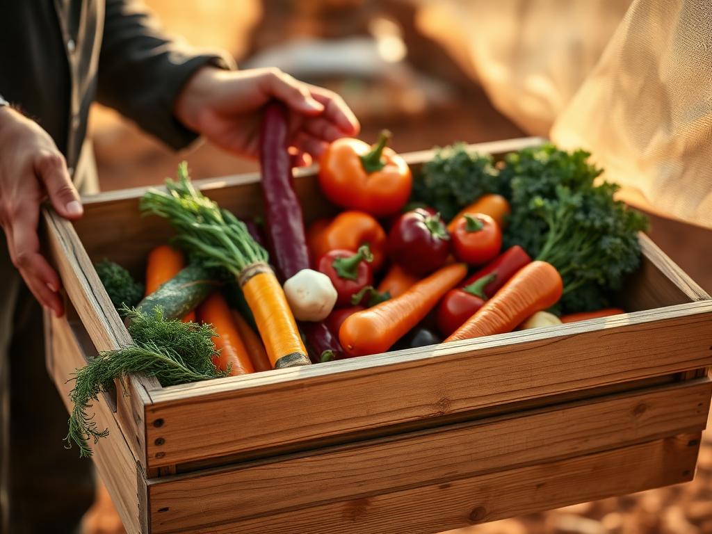 A wooden crate of fresh vegetables being shared between neighbors