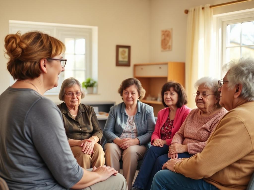 A community health educator speaking with a small group of seniors